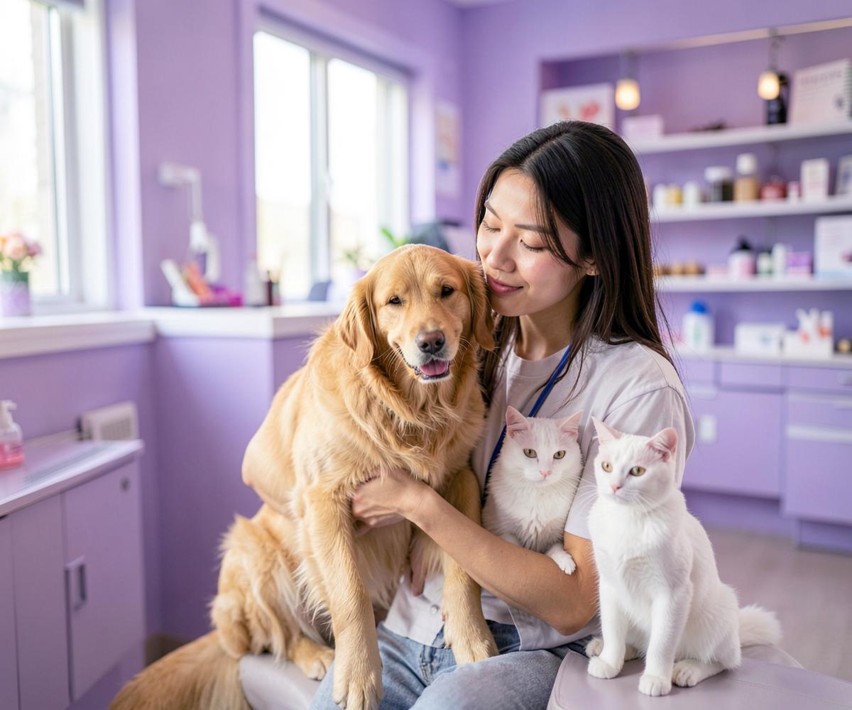 Tutora com cão e gato em clínica veterinária